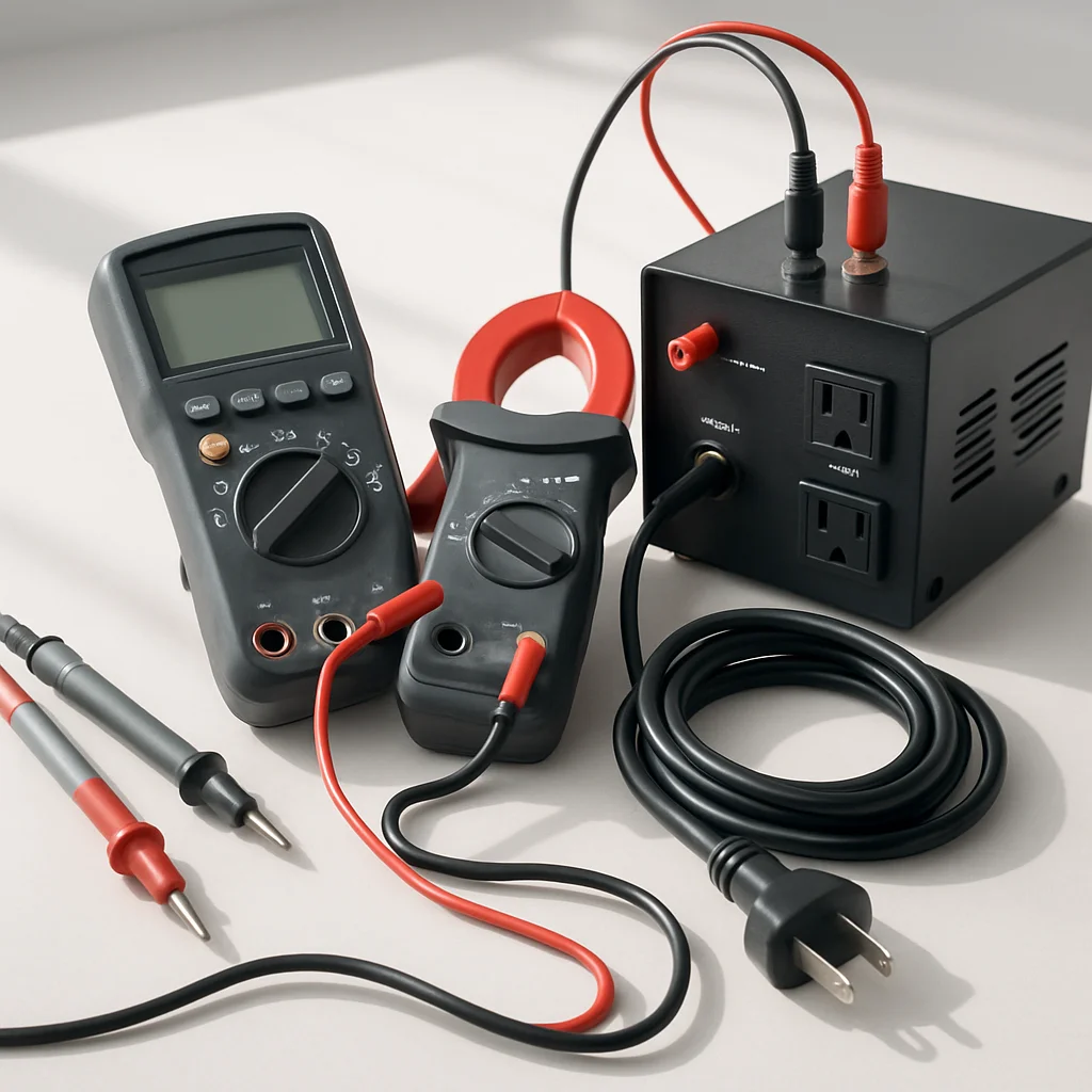 A journeyman electrician in a commercial panel room checking readings on a Fluke multimeter, test leads clipped to bus bars, hard hat and safety glasses on